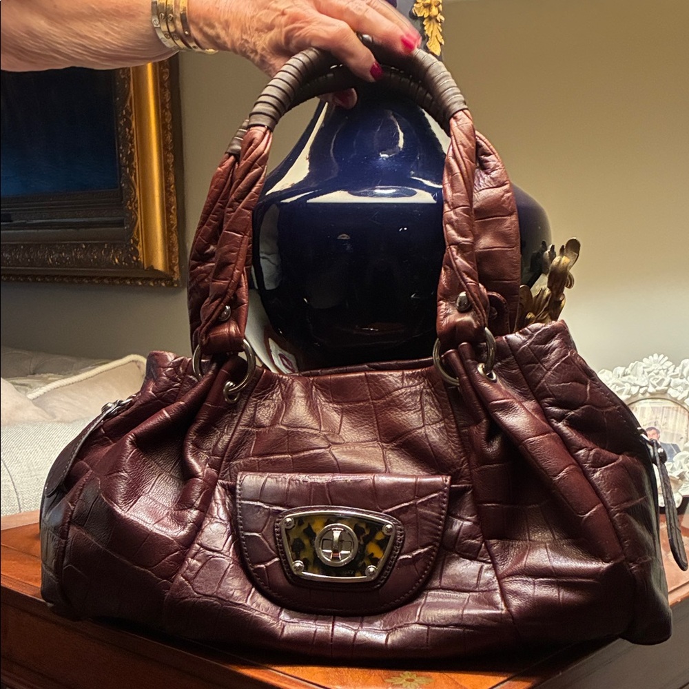 B. Makowsky Dark Brown Leather Croc-Embossed Satchel Bag